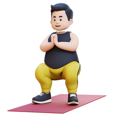3D Plus Size Overweight obesse man Doing Squats on a Yoga Mat
