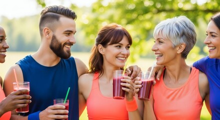 Healthy Lifestyle Friends Enjoying Smoothies After Workout