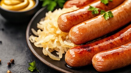 Delicious sausages served with sauerkraut and mustard on a plate