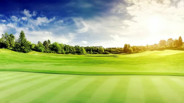A golf course with a red flag on the green grass. The flag is on a tee. The grass is green and the sky is cloudy