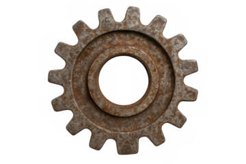 Close-up of a rusty metal gear rotating, isolated on a transparent background, ideal for industrial or steampunk-themed projects
