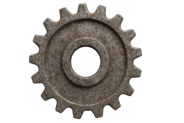 Rusty metal gear spinning, highlighting mechanical intricacy against transparent backdrop, signaling industrial design concept