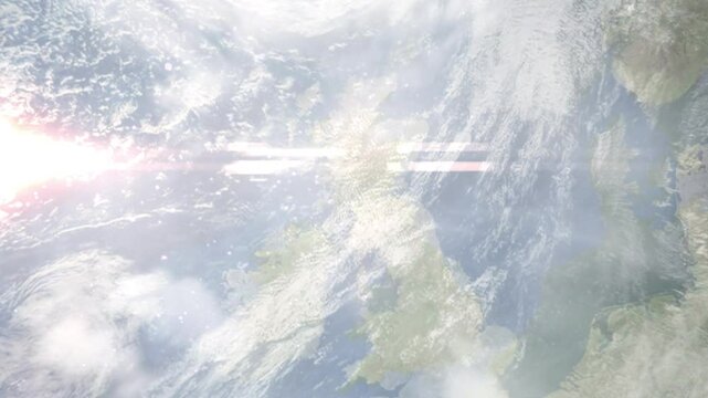 Earth zoom in from space and focus on Greenock, Scotland, Inverclyde, Great Britain. Background for travel intro or blog. Satellite view. 3D style Animation. Images from NASA.