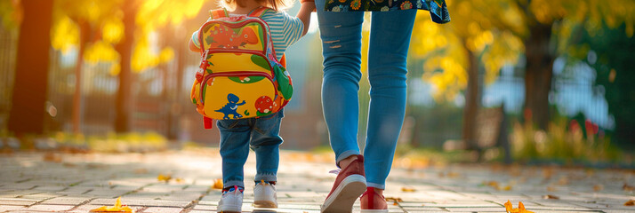 Young child walking hand in hand with mother toward preschool on a bright early fall morning
