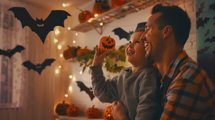 Father and son decorating cozy living room with Halloween decor