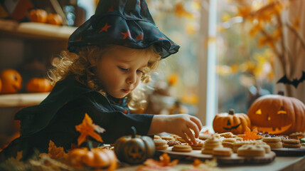 Young child in a simple Halloween costume reaching for a treat at a cozy autumn table