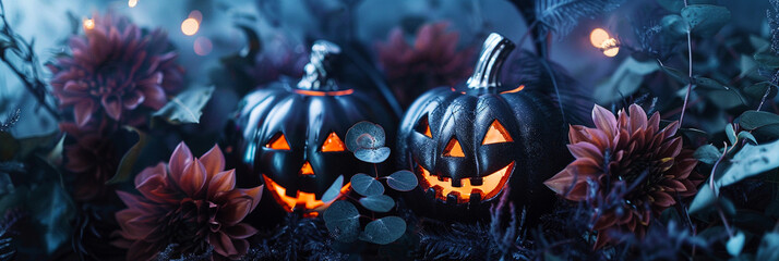 Elegant Black Jack-O'-Lanterns with Dark Floral Accents and Space for Text