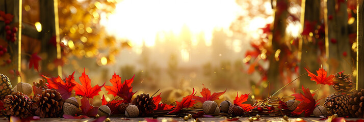 Red maple leaves framing blurred park path with soft autumn light