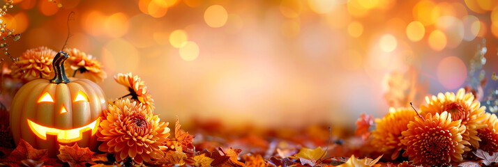 Pastel jack-o'-lanterns and cosmos flowers in dreamy autumn garden with central space