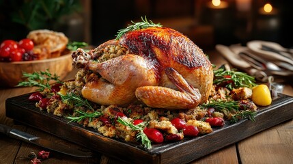 Naklejka premium Roast Turkey on Wooden Platter Surrounded by Herbs and Stuffing