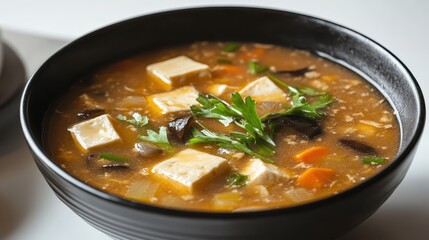 Savory Asian Tofu Soup with Vegetables in Black Bowl