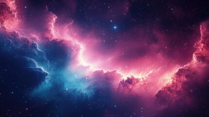 Fototapeta premium Vibrant cosmic nebula with glowing pink and blue clouds of interstellar gas and numerous bright stars scattered in deep space