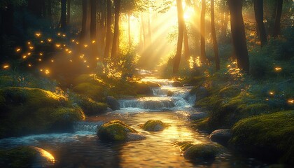 Obraz premium Sunlight filtering through dense forest trees onto a gently flowing stream with moss-covered rocks and glowing fireflies creating a magical atmospheric scene
