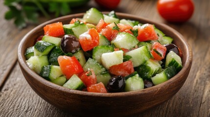 Fresh Vegetable Salad with Cucumbers, Tomatoes, and Olives