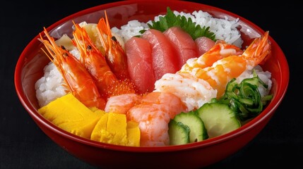 Fresh and Colorful Sushi Bowl with Assorted Seafood and Vegetables