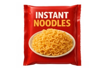 Instant red noodle package revealing prepared ramen nestled on white ceramic plate