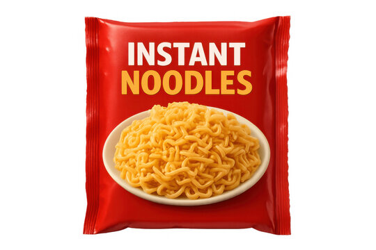 Instant red noodle package revealing prepared ramen nestled on white ceramic plate