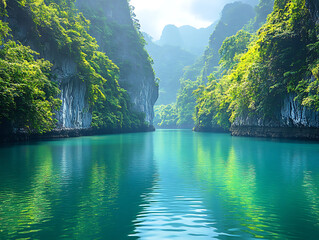 narrow river winding through dense karst valley, limestone cliffs towering above emerald green water, humid tropical air