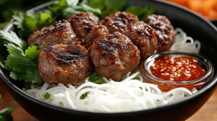 Savory Grilled Meatballs Served on Noodles with Fresh Herbs and Sauce