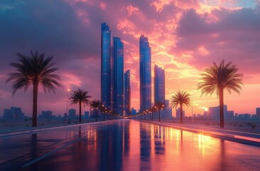 Reflective wet road lined with palm trees leading to a cluster of modern tall glass skyscrapers under a dramatic pink and orange sunset sky