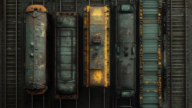 aerial view of five stationary, weathered freight train cars on parallel tracks with varying shades of rusty yellow and dark gray under dim lighting