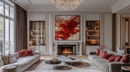 Luxurious living room with fireplace and art