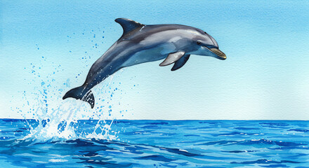 Fototapeta premium Watercolor painting of a dolphin jumping over ocean waves with bright blue tones and dynamic sea splashes