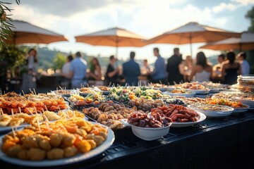 Outdoor buffet table with a variety of appetizers and finger foods served on plates and bowls under large umbrellas with people socializing in the background during daylight