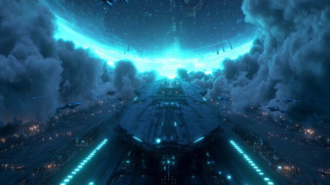 Futuristic spaceship in a glowing night sky