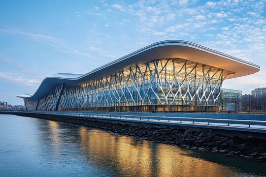 modern waterfront building with curved roof and intricate lattice structure reflecting on calm water under a soft blue sky at dusk