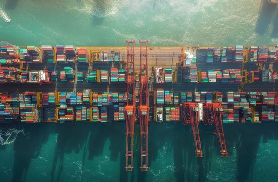 Aerial view of a busy shipping port with colorful containers stacked and large red cranes operating over turquoise water under bright sunlight - Powered by Adobe