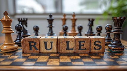Wooden blocks spelling out rules placed on a chessboard surrounded by chess pieces symbolizing strategy and regulation