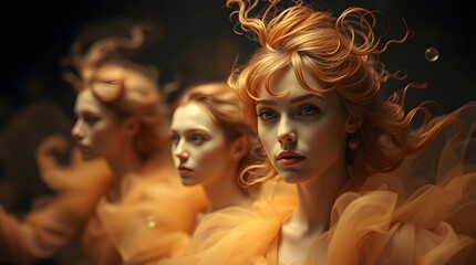 Obraz premium Enchanting redhead woman ethereal beauty dreamlike portrait golden hues flowing fabric mysterious allure