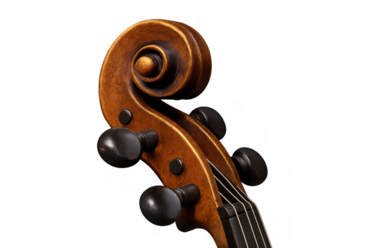 Close-up view revealing wooden scroll, ornate tuning pegs of violin, showcasing intricate musical instrument design against transparent backdrop
