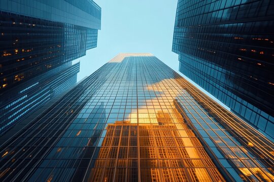 Upward view of modern skyscrapers with reflective glass facades showing golden reflection of another building under clear blue sky