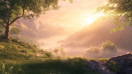 Obraz premium Sunrise valley, misty mountains