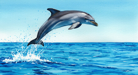 Watercolor painting of a dolphin jumping over ocean waves with bright blue tones and dynamic sea splashes