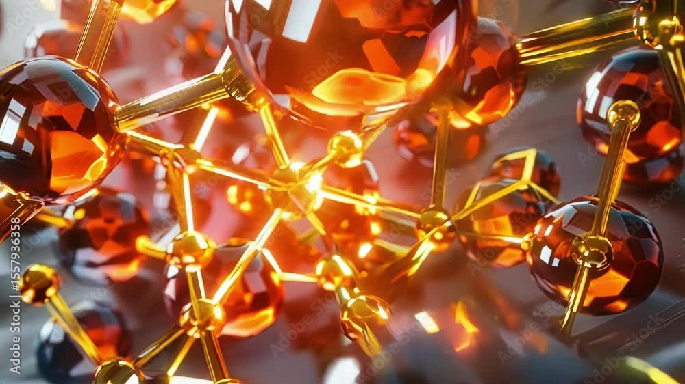 Poster abstract molecule structure in warm amber hues intricately connected by bonds on a softly blurred ba