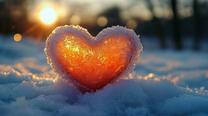 Fototapeta premium Heart-shaped ice glowing with warm orange light in snowy landscape at sunset with soft blurred background
