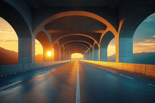 Empty road passing through a series of concrete arch bridges with the sun setting behind distant mountains, casting warm light on the structure and pavement