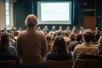 Audience seated in a conference room attentively listening to a panel of speakers with a presentation screen in the background