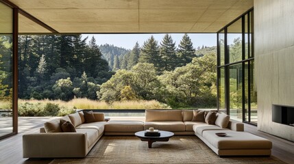Fototapeta premium Modern living room with expansive glass walls showcasing a scenic valley view