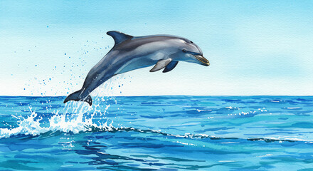 Fototapeta premium Watercolor painting of a dolphin jumping over ocean waves with bright blue tones and dynamic sea splashes