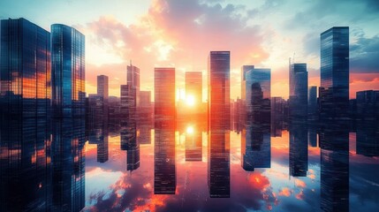 Obraz premium Sunset behind modern skyscrapers reflecting brightly on calm water creating a symmetrical cityscape with vibrant orange and blue sky colors