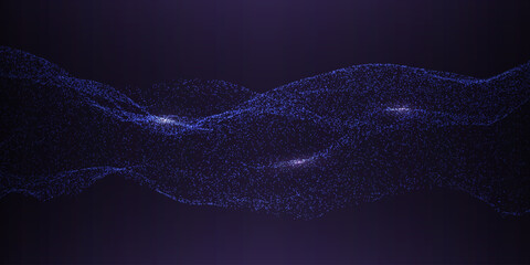 Technology background with dynamic wave. Glowing blue particles on dark backdrop. Futuristic abstract texture. Digital data concept. Deep learning design. Vector illustration.
