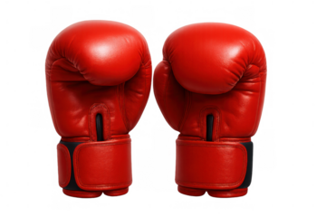 Red boxing gloves facing forward, positioned for sparring or training, sharp details against transparent backdrop