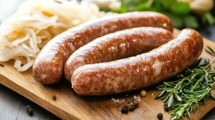 Fresh Homemade Sausages with Herbs on Wooden Cutting Board