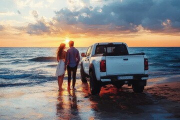 Couple standing hand in hand next to a white pickup truck on the beach during sunset with dramatic cloudy sky and ocean waves