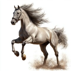 Obraz premium majestic white horse rearing up with flowing mane and tail on a white background kicking up dust with powerful legs and alert expression