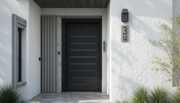 Modern House Entrance with Gray Door and White Walls
